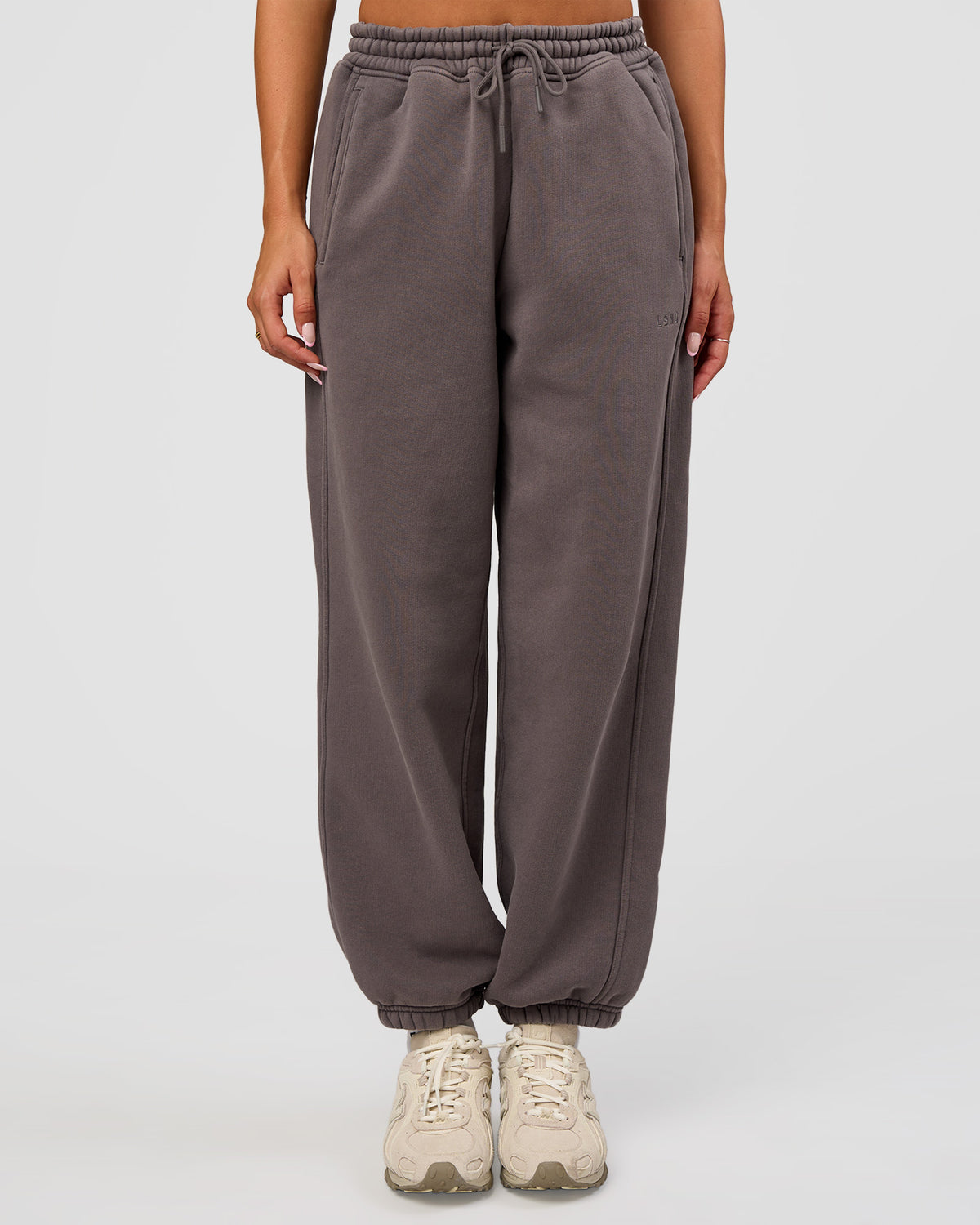 Woman wearing Distort Oversized Slouchy Fit Track Pant - Duskstone Washed | Model:Bianca | Size:XS