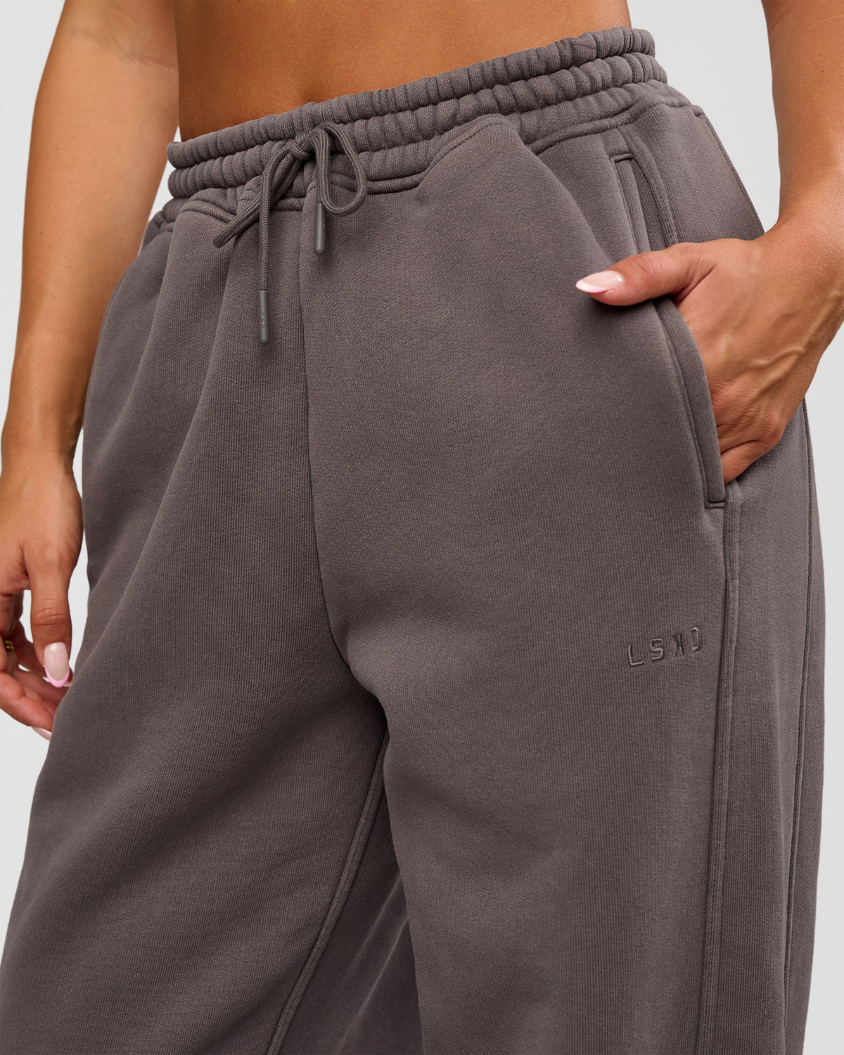 Woman wearing Distort Oversized Slouchy Fit Track Pant - Duskstone Washed | Model:Bianca | Size:XS