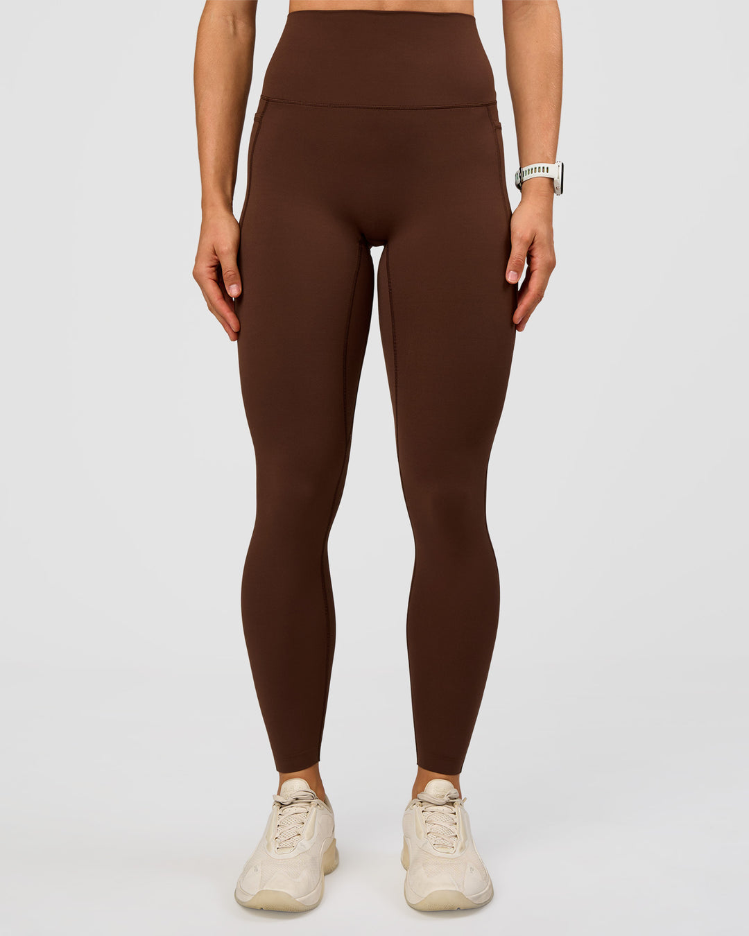 Woman wearing Elixir Ultra High-Rise Full Length Legging Pockets - Hot Chocolate | Model:Maja | Size:XS - view 5