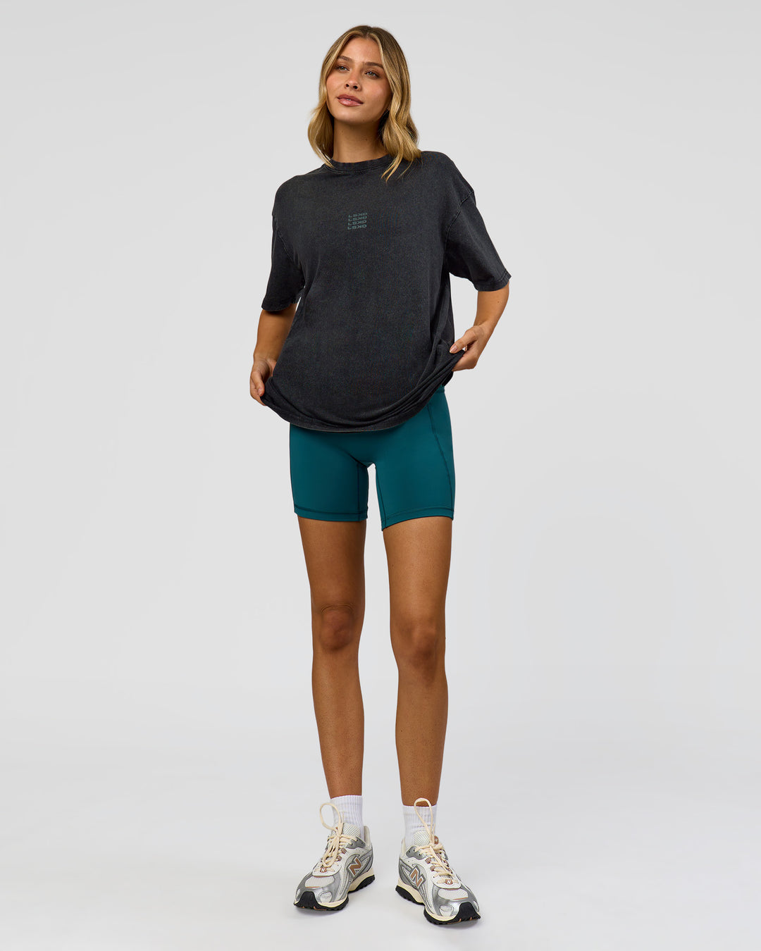 Woman wearing Everyday Elevation FLXCotton Oversized Tee - Black Washed-Carbon Green | Model:Leilani | Size:XS - view 11
