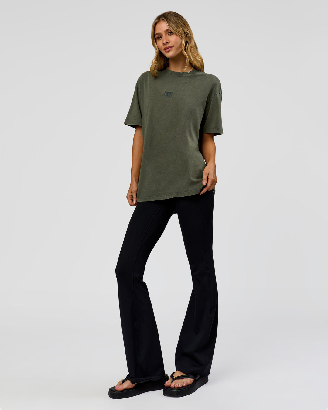 Woman wearing Everyday Elevation FLXCotton Oversized Tee - Carbon Green Washed -White | Model:Leilai | Size:XS - view 6