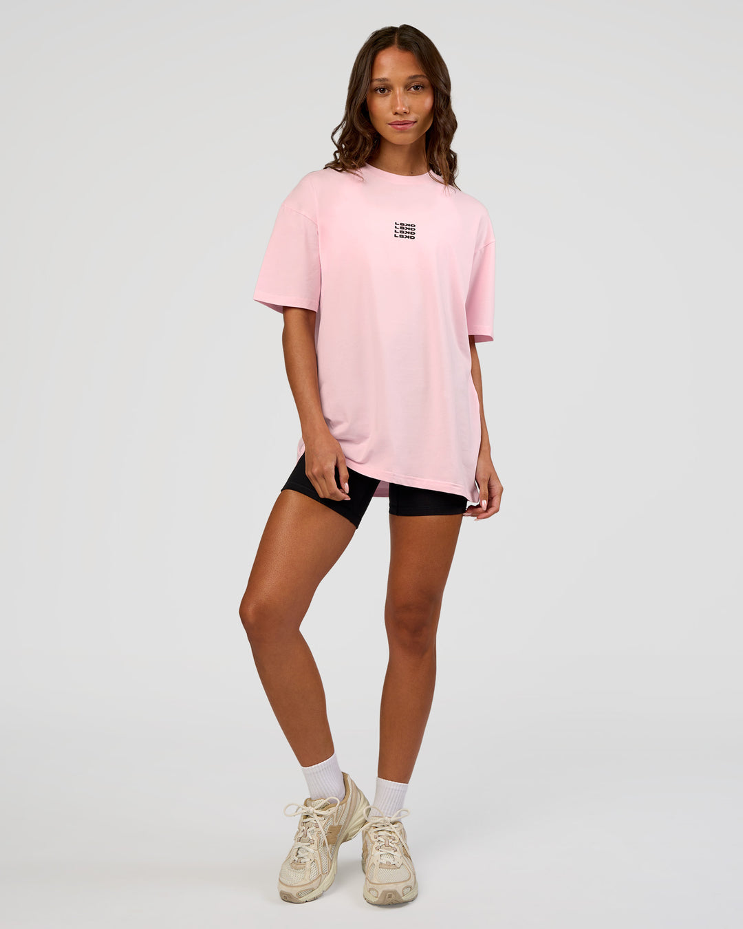 Woman wearing Everyday Elevation FLXCotton Oversized Tee - Marshmallow-Black | Model:Dakota | Size:XS - view 7