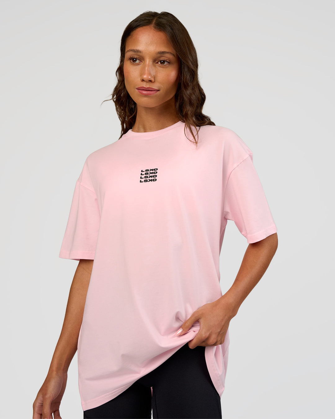 Woman wearing Everyday Elevation FLXCotton Oversized Tee - Marshmallow-Black | Model:Dakota | Size:XS - view 4