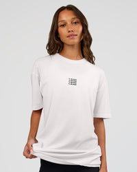 Woman wearing Everyday Elevation FLXCotton Oversized Tee - White-Carbon Green | Model:Dakota | Size:XS | Thumbnail Index: 10