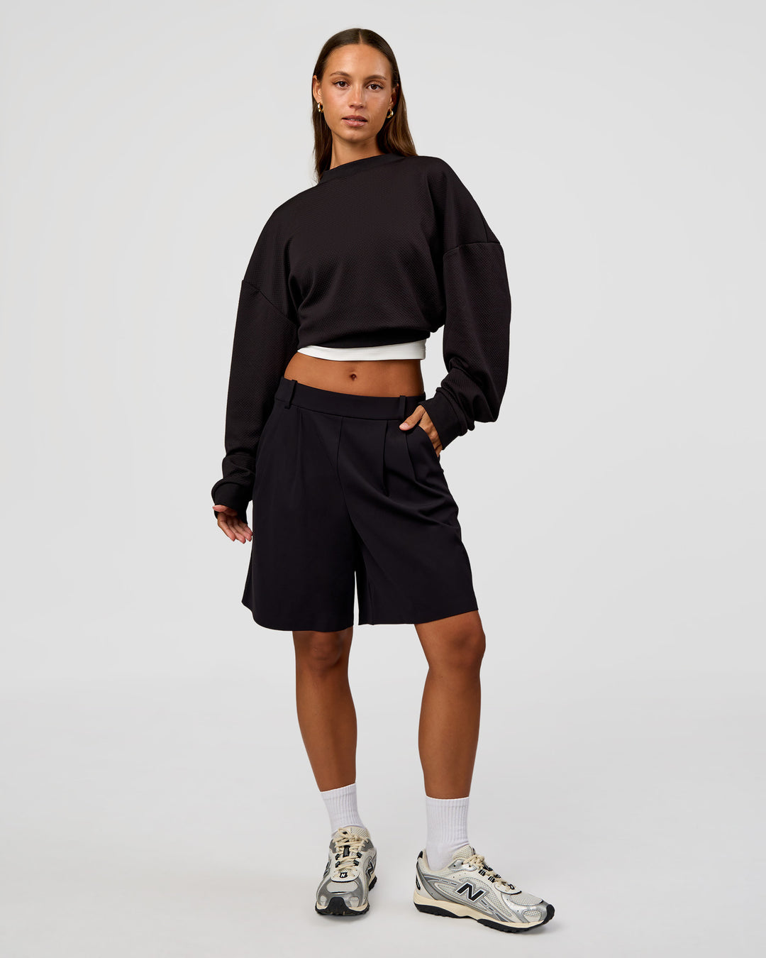 Woman wearing Everyday Elevation Waffle Oversized Sweater - Black | Model:Brylee | Size:XS - view 7