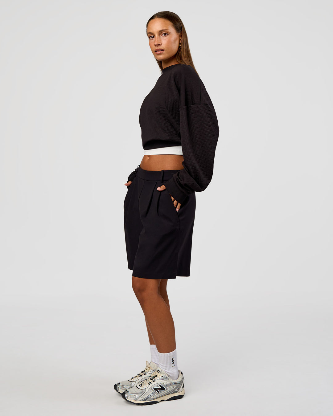 Woman wearing Everyday Elevation Waffle Oversized Sweater - Black | Model:Brylee | Size:XS - view 8