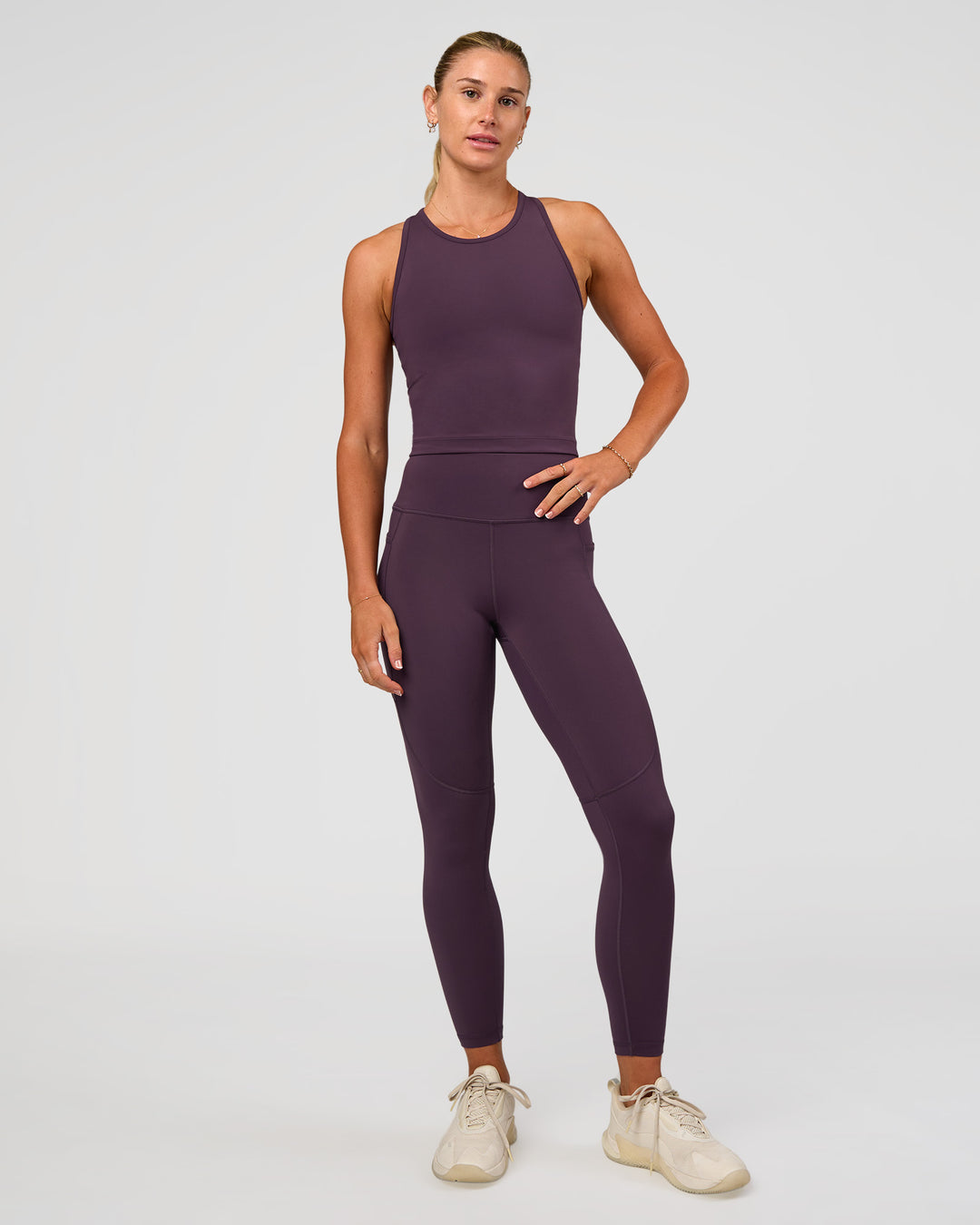 Woman wearing Flow Performance Tank 2.0 - Midnight Plum | Model:Emelia | Size:XS - view 6