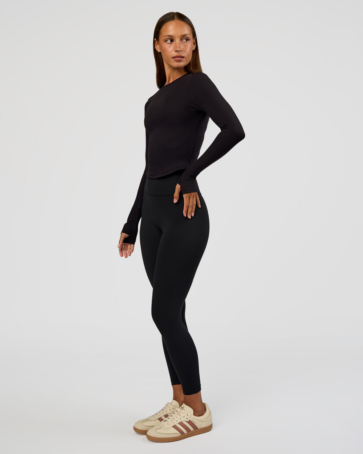 Woman wearing Flow Rib Long Sleeve Tee - Black | Model:Brylee | Size:XS