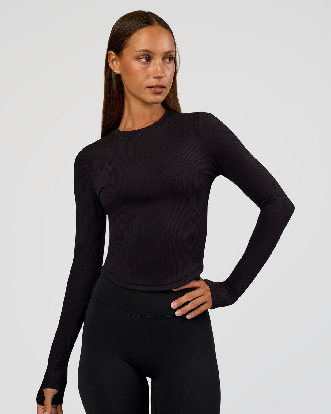 Woman wearing Flow Rib Long Sleeve Tee - Black | Model:Brylee | Size:XS - view 1