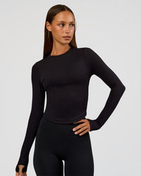 Woman wearing Flow Rib Long Sleeve Tee - Black | Model:Brylee | Size:XS | Thumbnail Index: 0