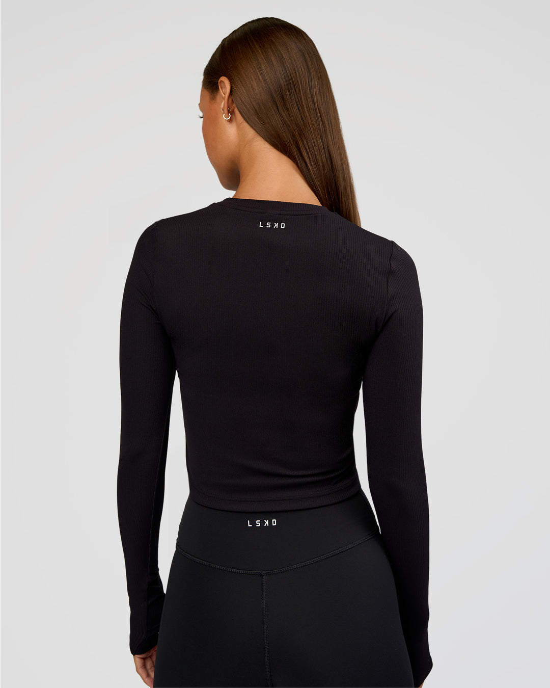 Woman wearing Flow Rib Long Sleeve Tee - Black | Model:Brylee | Size:XS - view 3