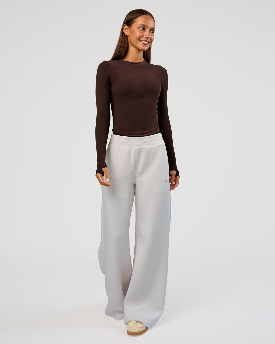 Woman wearing Flow Rib Long Sleeve Tee - Hot Chocolate | Model:Brylee | Size:XS - view 2