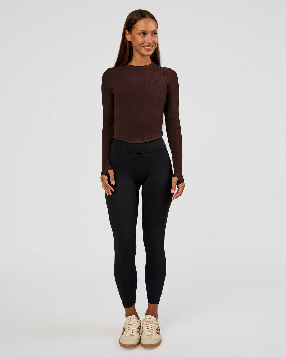 Woman wearing Flow Rib Long Sleeve Tee - Hot Chocolate | Model:Brylee | Size:XS - view 6