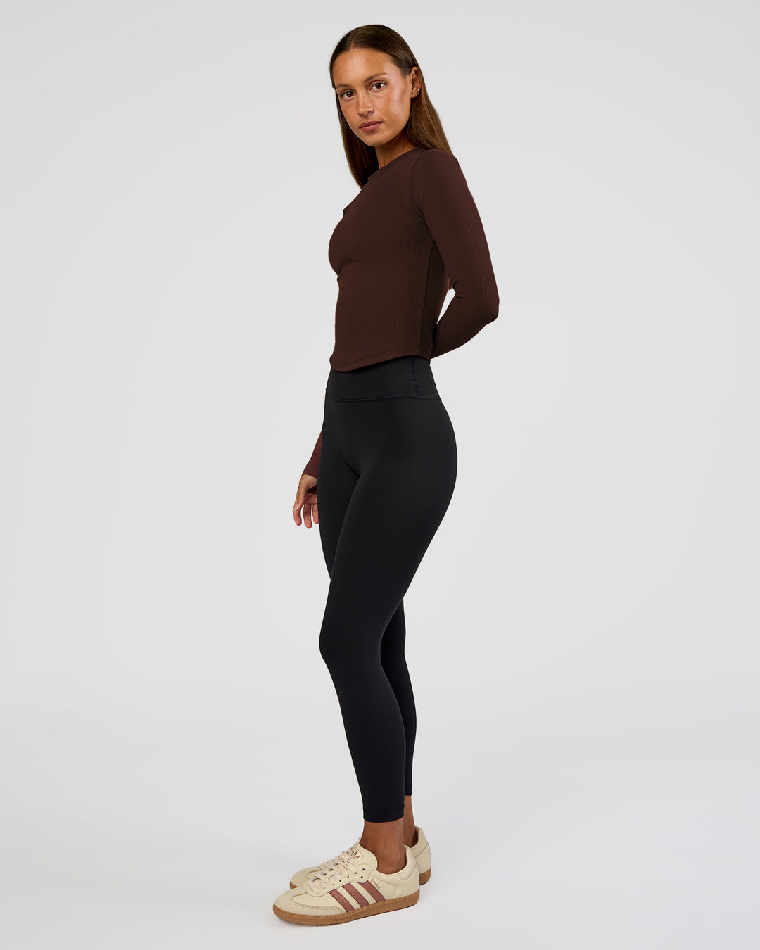 Woman wearing Flow Rib Long Sleeve Tee - Hot Chocolate | Model:Brylee | Size:XS - view 3