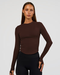 Woman wearing Flow Rib Long Sleeve Tee - Hot Chocolate | Model:Brylee | Size:XS | Thumbnail Index: 0