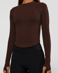 Woman wearing Flow Rib Long Sleeve Tee - Hot Chocolate | Model:Brylee | Size:XS | Thumbnail Index: 4