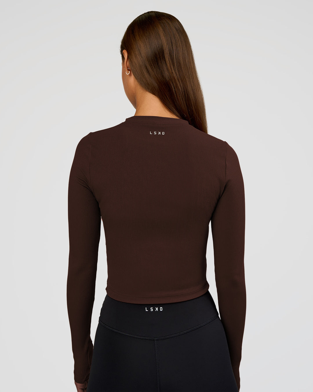 Woman wearing Flow Rib Long Sleeve Tee - Hot Chocolate | Model:Brylee | Size:XS - view 4
