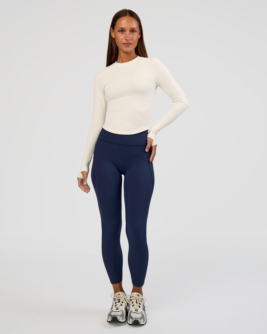 Woman wearing Flow Rib Long Sleeve Tee - Off White | Model:Brylee | Size:XS - view 2