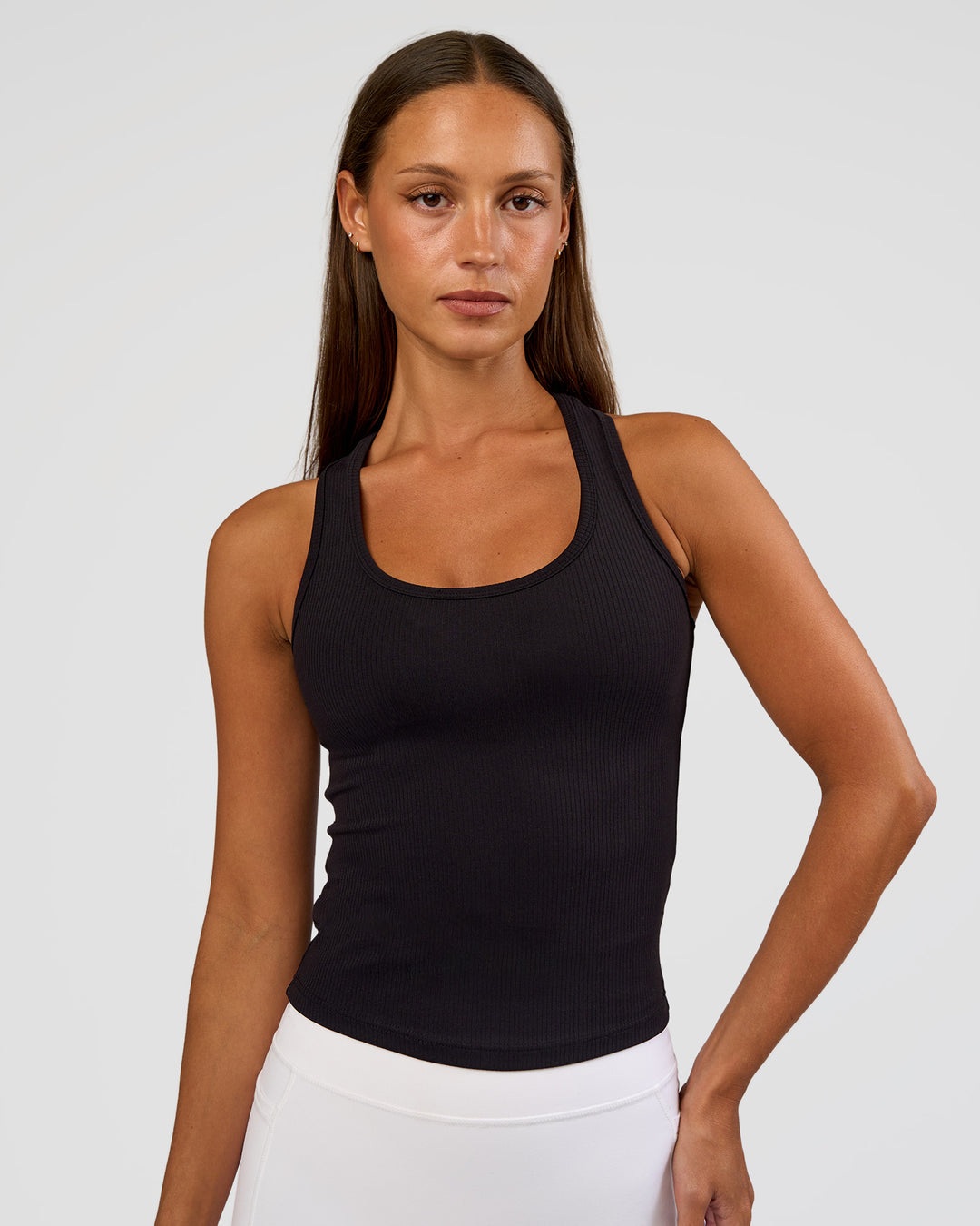 Woman wearing Flow Rib Scoop Neck Tank - Black | Model:Brylee | Size:XS - view 1