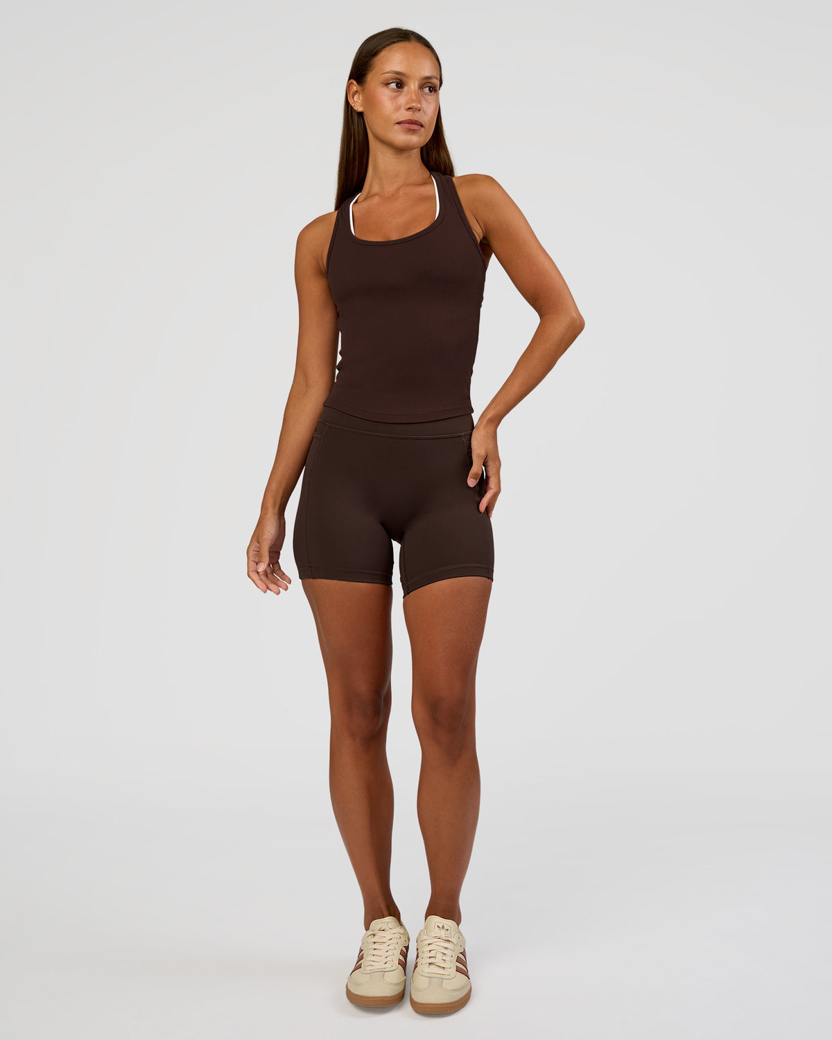 Woman wearing Flow Rib Scoop Neck Tank - Hot Chocolate | Model:Brylee | Size:XS