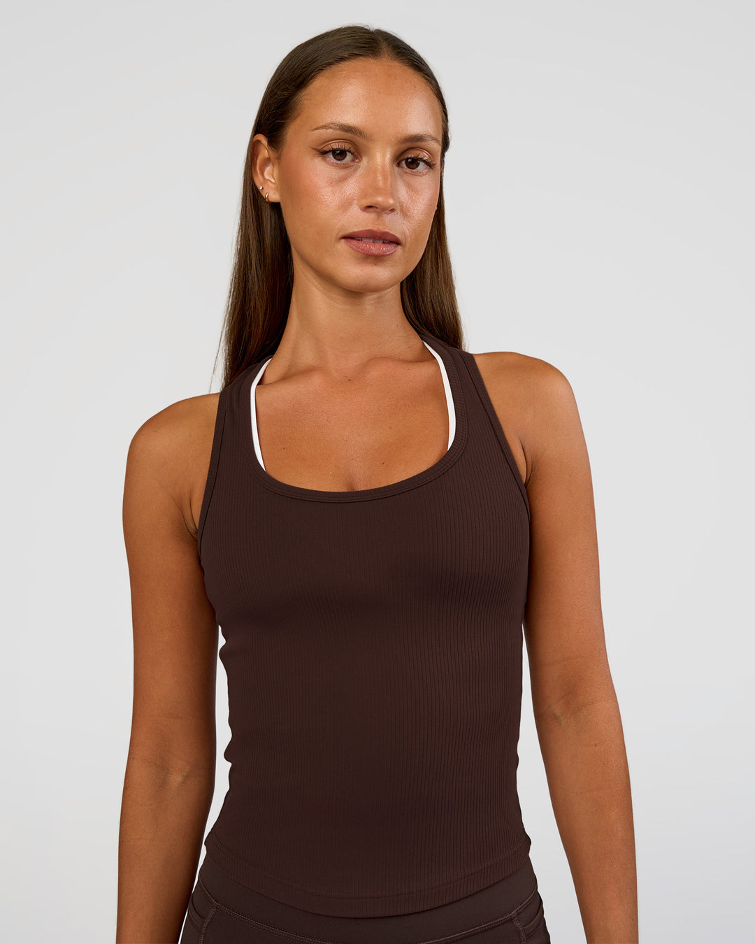 Woman wearing Flow Rib Scoop Neck Tank - Hot Chocolate | Model:Brylee | Size:XS - view 1