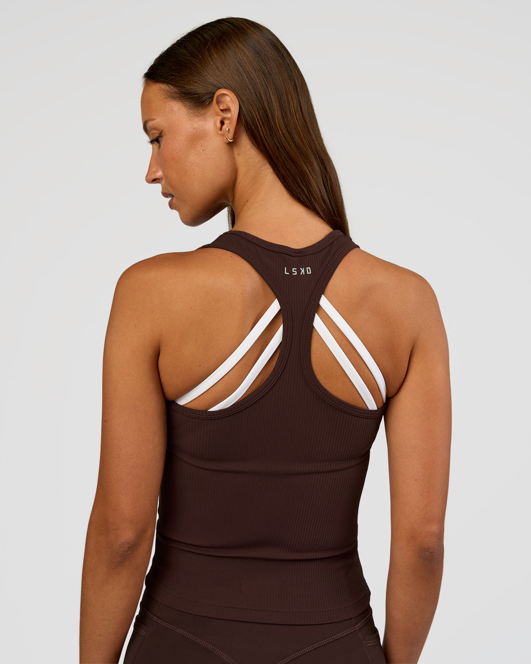 Woman wearing Flow Rib Scoop Neck Tank - Hot Chocolate | Model:Brylee | Size:XS - view 6