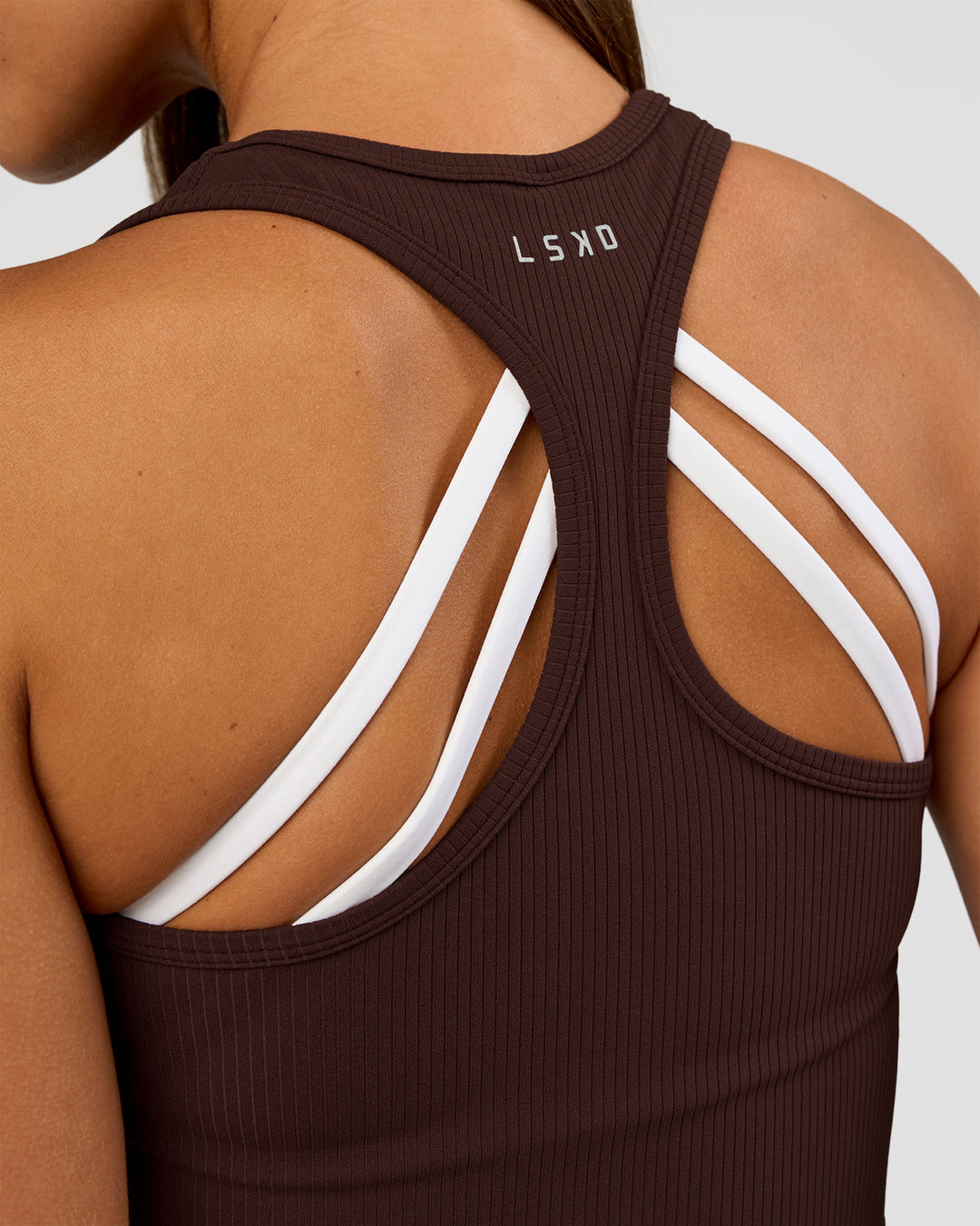 Woman wearing Flow Rib Scoop Neck Tank - Hot Chocolate | Model:Brylee | Size:XS - view 3