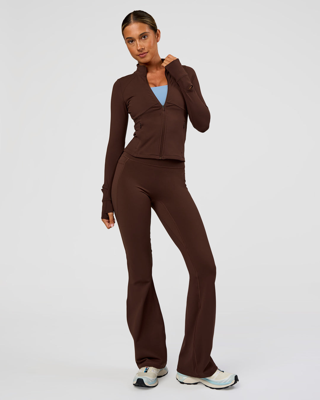 Woman wearing Fusion Active Jacket - Hot Chocolate | Model:Charli | Size:XS - view 3