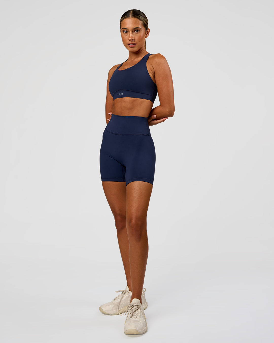 Woman wearing Fusion Sports Bra 2.0 - Future Navy | Model:Charlie | Size:S - view 3