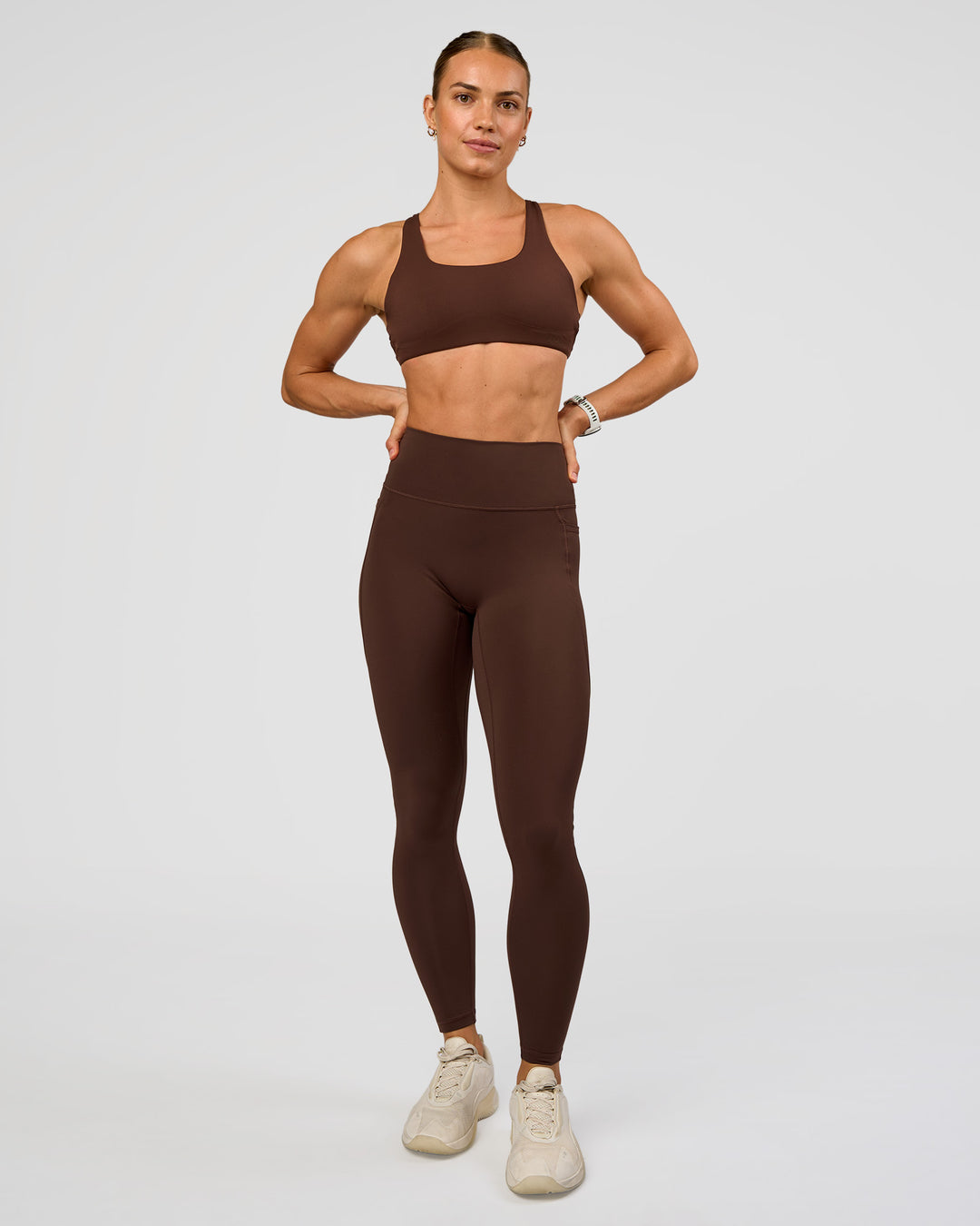 Woman wearing Fusion Ultra High-Rise Full Length Legging Pockets - Hot Chocolate | Model:Maja | Size:XS - view 7