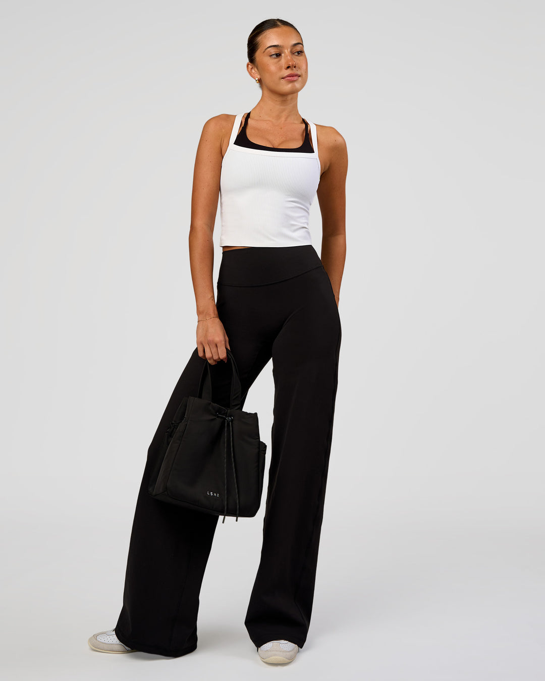 Woman wearing Fusion V-Contour High-Rise Pant - Black | Model:Charli | Size:XS - view 3