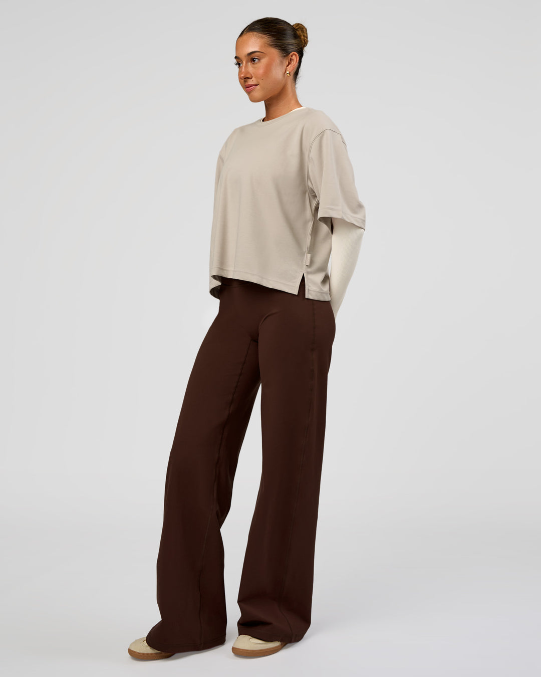 Woman wearing Fusion V-Contour High-Rise Pant - Hot Chocolate | Model:Charli | Size:XS - view 7
