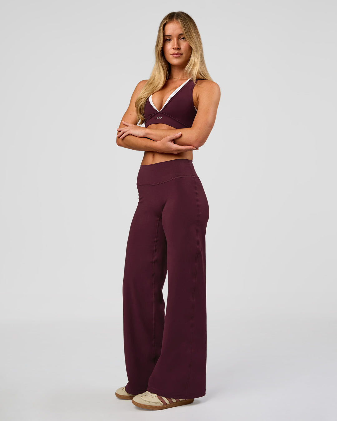 Woman wearing Fusion V-Contour High-Rise Petite Pant - Cherry Lacquer | Model:Issy | Size:XS - view 10