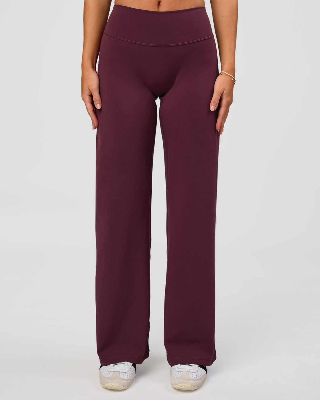 Woman wearing Fusion V-Contour High-Rise Petite Pant - Cherry Lacquer | Model:Issy | Size:XS - view 1