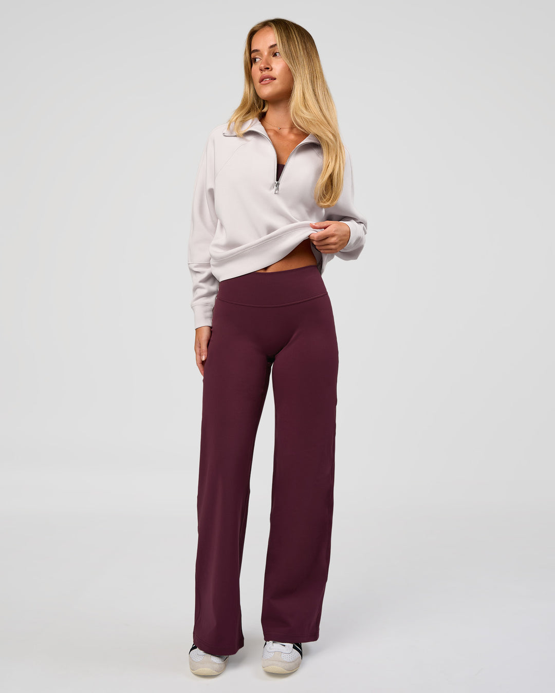 Woman wearing Fusion V-Contour High-Rise Petite Pant - Cherry Lacquer | Model:Issy | Size:XS - view 8