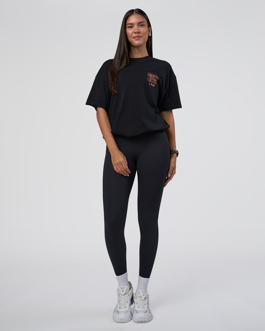 Woman wearing GTC Heavyweight Oversized Tee - Black-Cantaloupe | Model:Rhiley | Size:XS - view 7