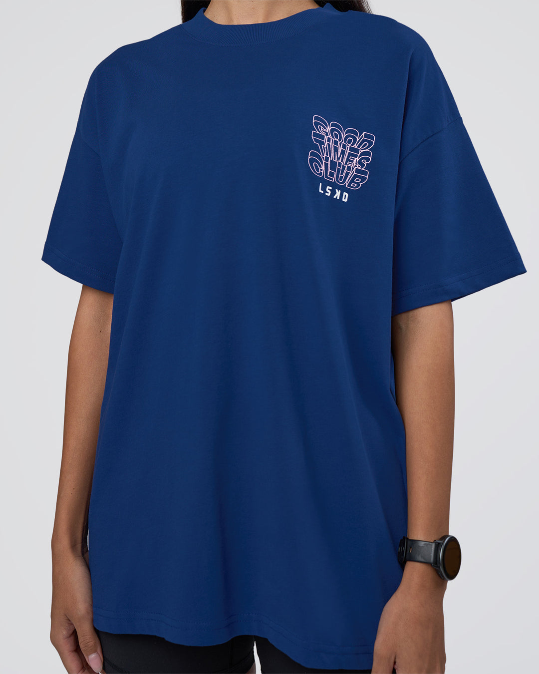 Woman wearing GTC Heavyweight Oversized Tee - Washed Midnight Blue-Marsh | Model:Rhiley | Size:XS - view 8