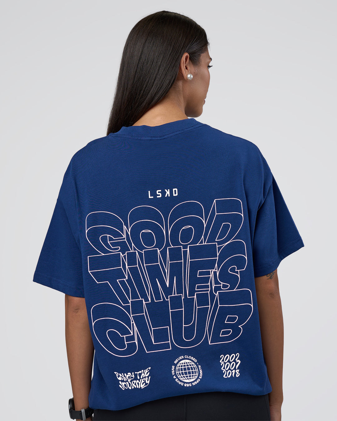 Woman wearing GTC Heavyweight Oversized Tee - Washed Midnight Blue-Marsh | Model:Rhiley | Size:XS - view 4