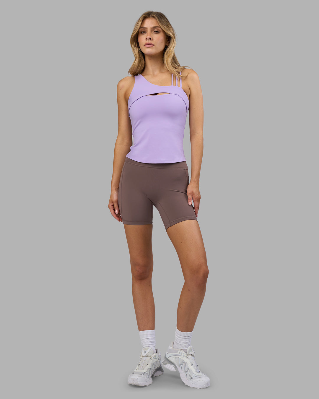 Woman wearing Galvanise Splice Shelf Bra Tank - Pale Lilac | Model:Leilani | Size:XS - view 6