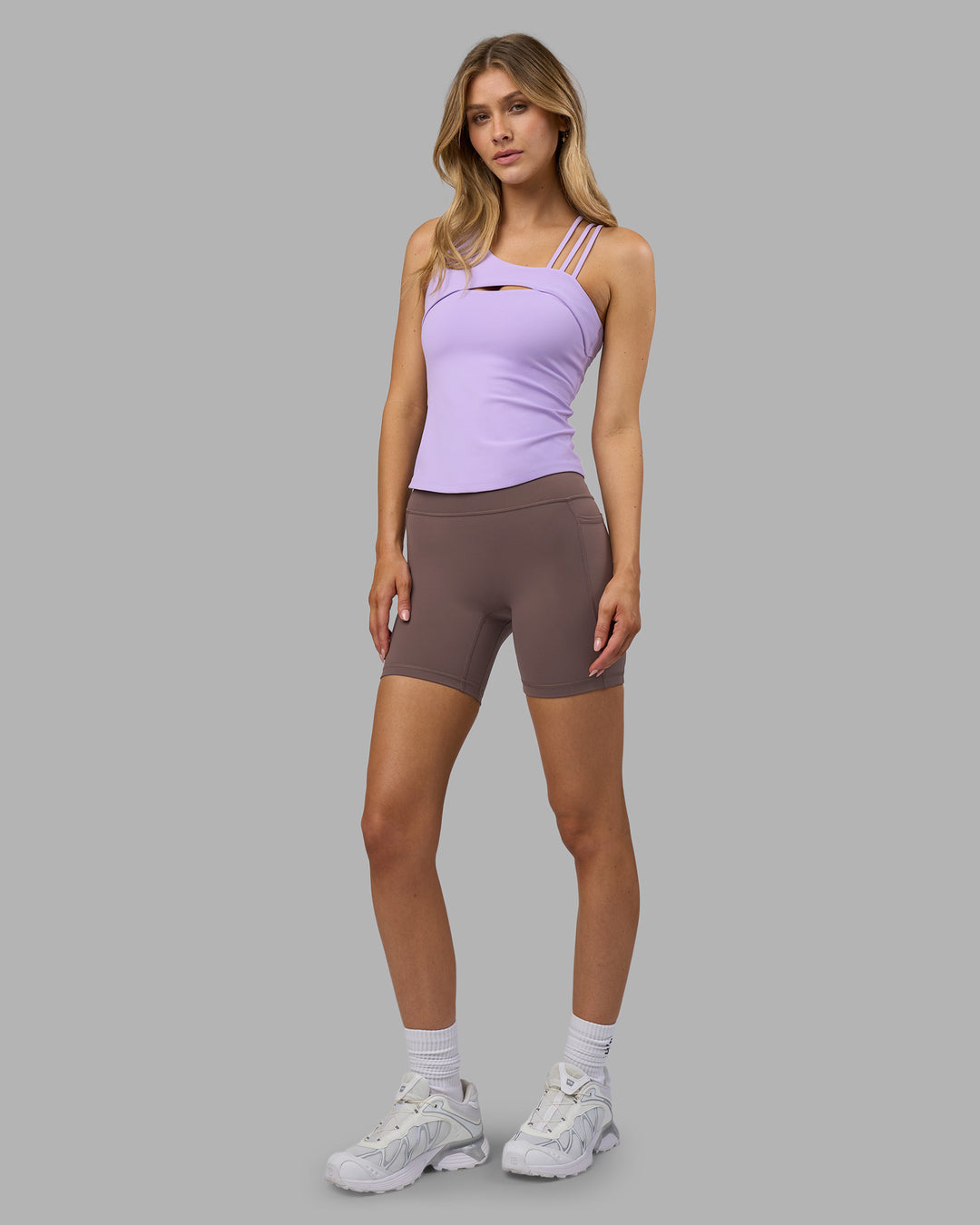 Woman wearing Galvanise Splice Shelf Bra Tank - Pale Lilac | Model:Leilani | Size:XS - view 5