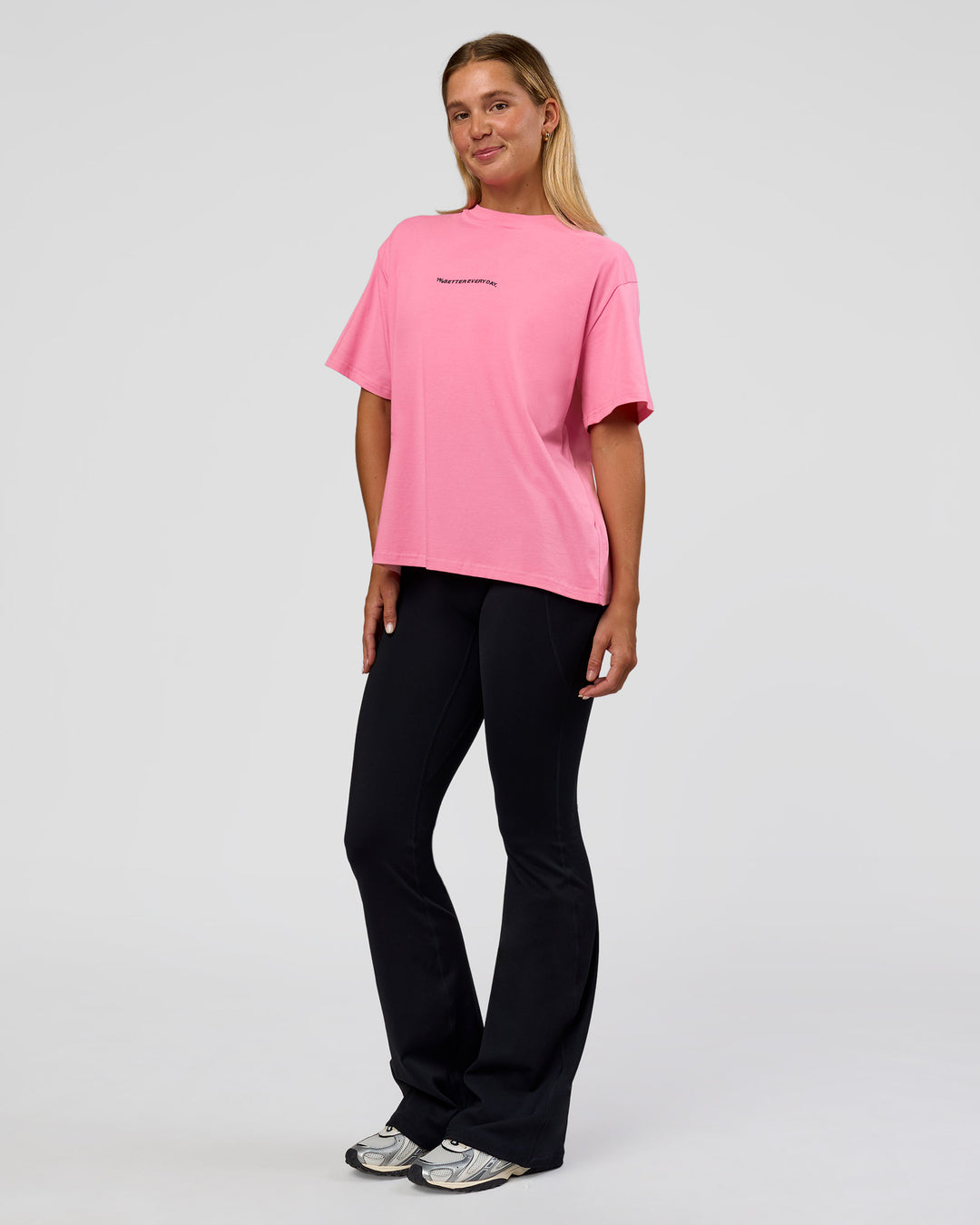 Woman wearing Go-To 1% Better Every Day FLXCotton Oversized Tee - Candy Pink-Black | Model:Amity | Size:XS - view 6