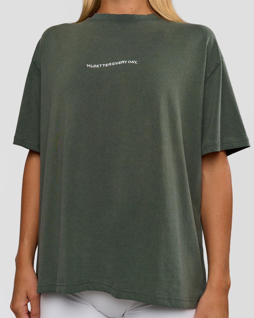Woman wearing Go-To 1% Better Every Day FLXCotton Oversized Tee - Carbon Green Washed-White | Model:Amity | Size:XS - view 6
