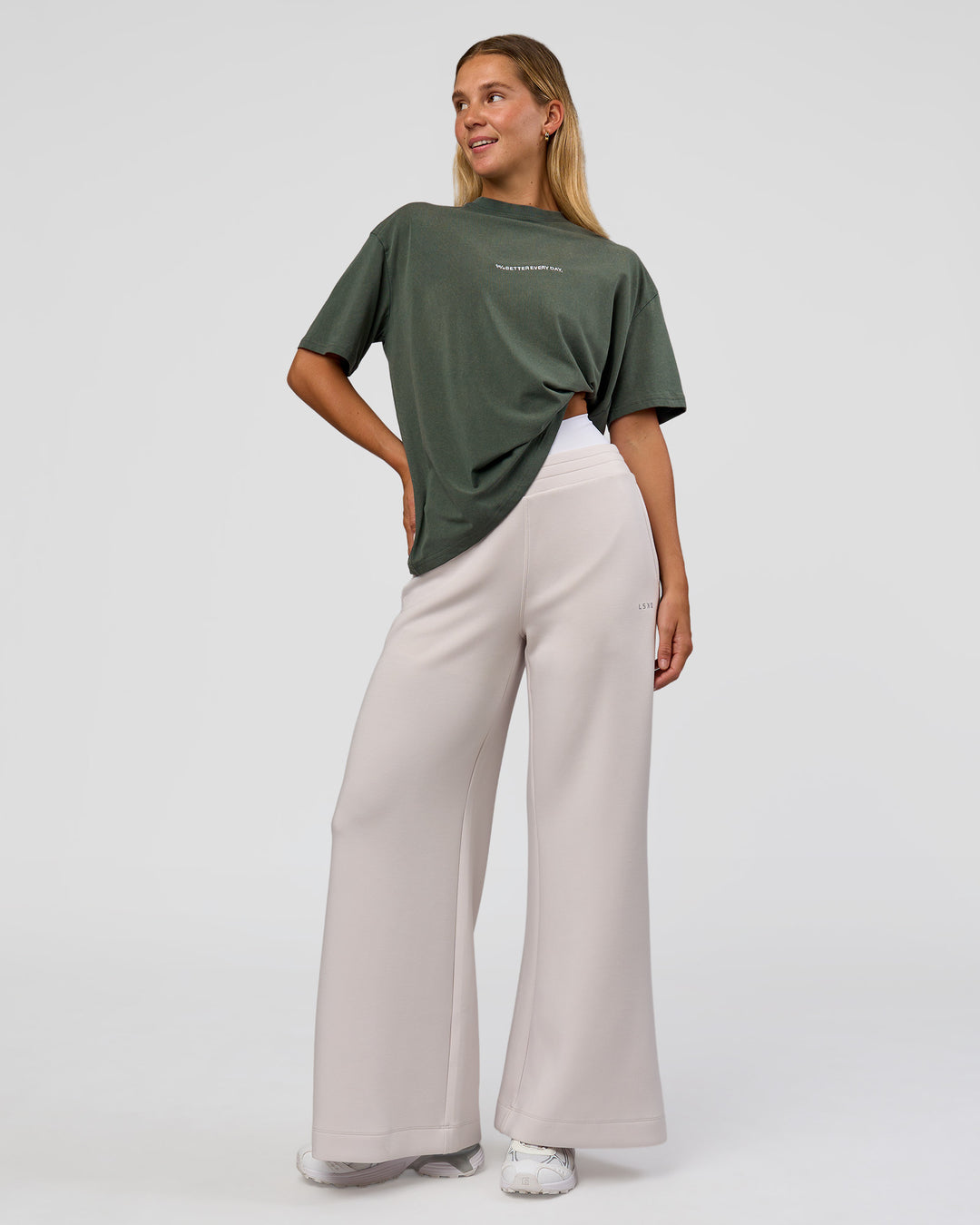 Woman wearing Go-To 1% Better Every Day FLXCotton Oversized Tee - Carbon Green Washed-White | Model:Amity | Size:XS - view 7