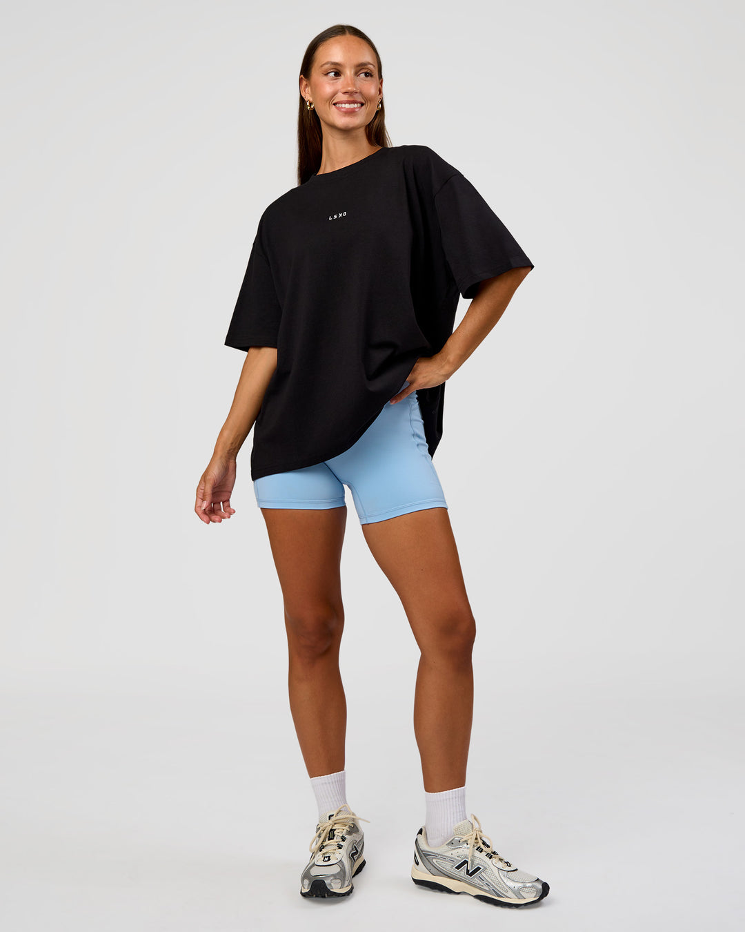 Woman wearing Go-To Break Through FLXCotton Oversized Tee - Black-Open Air | Model:Brylee | Size:XS - view 2