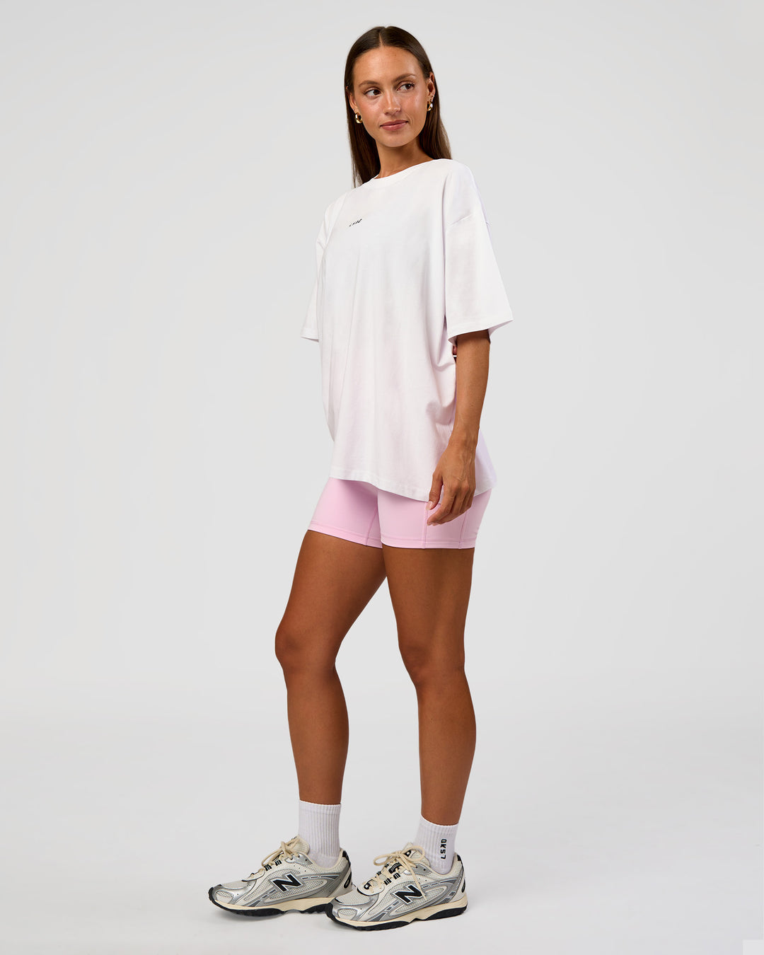 Woman wearing Go-To Break Through FLXCotton Oversized Tee - White-Marshmallow | Model:Brylee | Size:XS - view 5