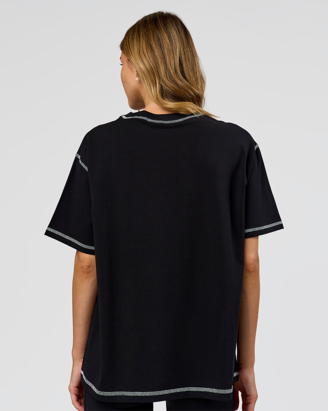 Woman wearing Go-To Contrast Oversized Heavyweight FLXCotton Tee - Black-White | Model:Leilani | Size:XS - view 3