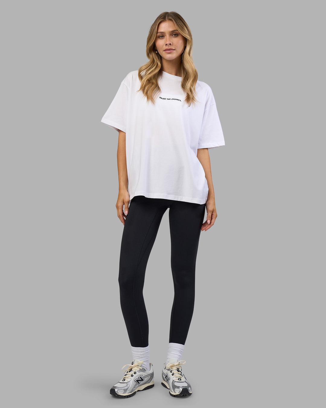 Woman wearing Go-To E.T.J FLXCotton Oversized Tee - White-Black | Model:Leilani | Size:XS - view 6