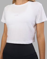 Woman wearing Go-To FLXCotton Baby Tee - White-Digital Mist | Model:Leilani | Size:XS | Thumbnail Index: 5