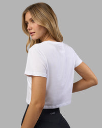 Woman wearing Go-To FLXCotton Baby Tee - White-Digital Mist | Model:Leilani | Size:XS | Thumbnail Index: 3