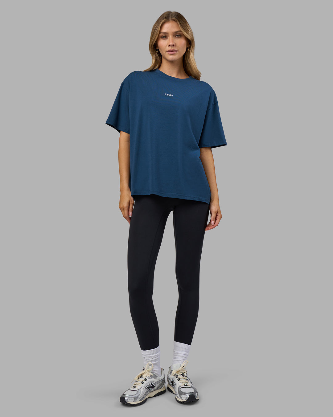 Woman wearing Go-To FLXCotton Oversized Tee - Indigo-White | Model:Leilani | Size:XS - view 4